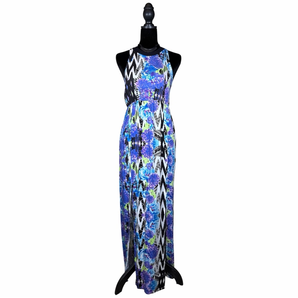 MINKPINK Blue Purple and Black Abstract Maxi Dress